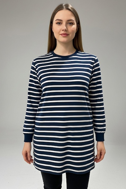 Büyük Beden Yan Yırtmaçlı Bisiklet Yaka Çizgili Tunik 