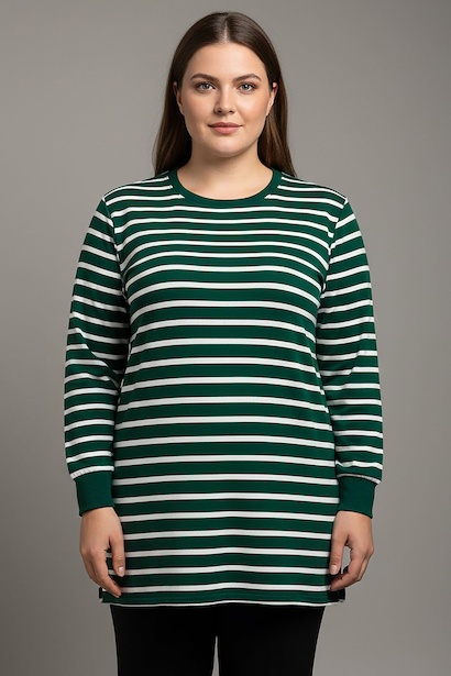 Büyük Beden Yan Yırtmaçlı Bisiklet Yaka Çizgili Tunik 