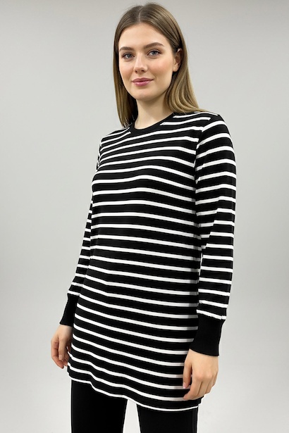 Büyük Beden Yan Yırtmaçlı Bisiklet Yaka Çizgili Tunik 