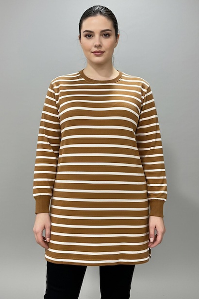 Büyük Beden Yan Yırtmaçlı Bisiklet Yaka Çizgili Tunik 