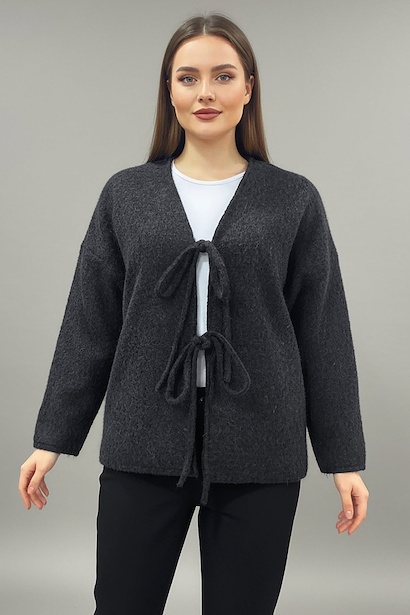 Büyük Beden Ön Bağlama Sakallı Kaşe Hırka 