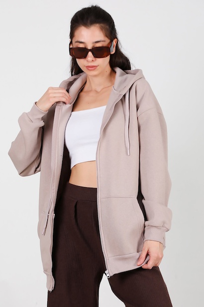 Kadın Kapşonlu Fermuarlı Oversize Üç İplik Sweat 