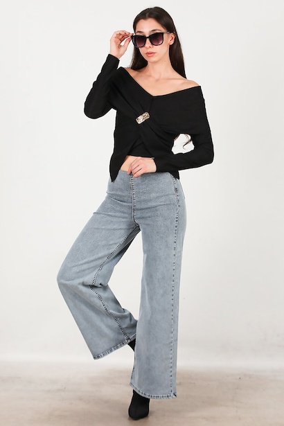 Kadın Bel Lastikli Bol Paça Kot Pantolon 