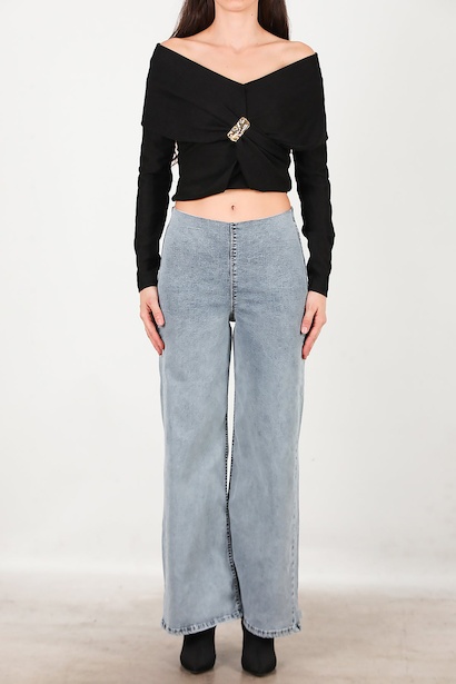 Kadın Bel Lastikli Bol Paça Kot Pantolon  Mavi 6