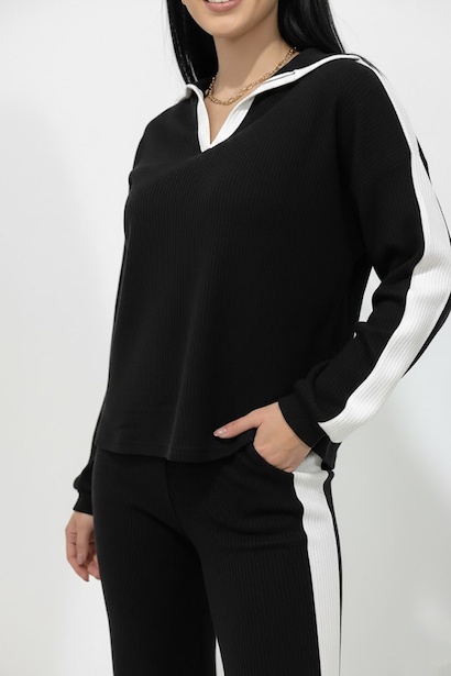 Kadın Garnili Önü V Yakalı Takım  Siyah 4