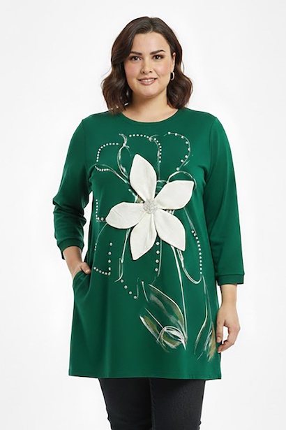 Büyük Beden Ön Çiçek Detay Bluz 