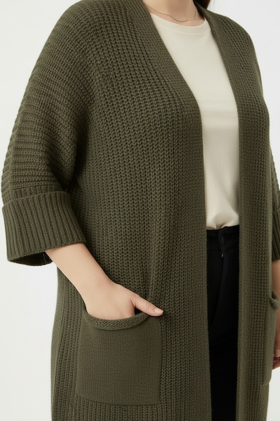 Büyük Beden Cepli Hırka  Haki 4