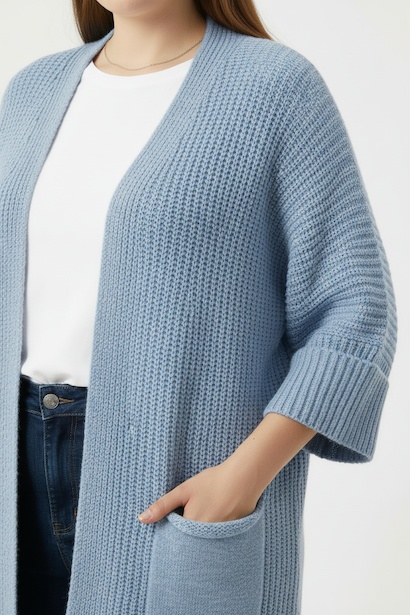 Büyük Beden Cepli Hırka  Mavi 4