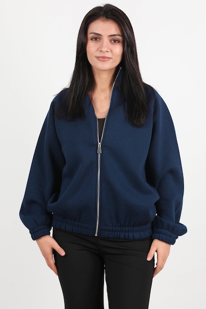 Kadın Ön Fermuarlı Dik Yaka Bel Lastikli Ceket 