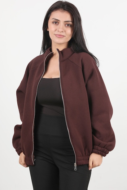 Kadın Ön Fermuarlı Dik Yaka Bel Lastikli Ceket 