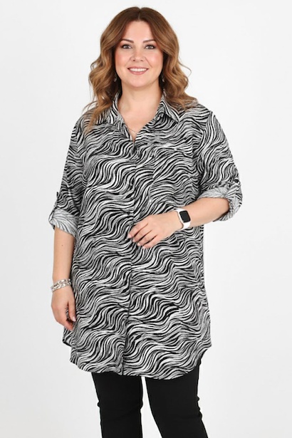 Büyük Beden Desenli Kol Katlamalı Gömlek 
