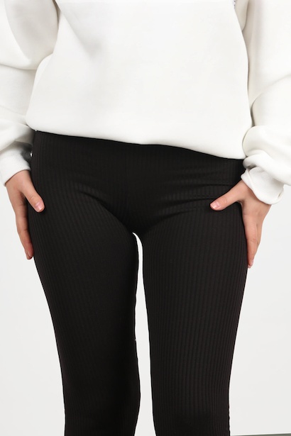 Kadın Önü V Yüksek Bel Kalın Fitilli Tayt  Siyah 6