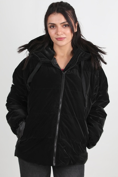 Kadın Kapşonlu Parlak Mont 