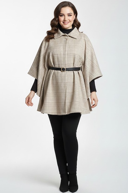 Büyük Beden Ekoseli Kaşe Panço 