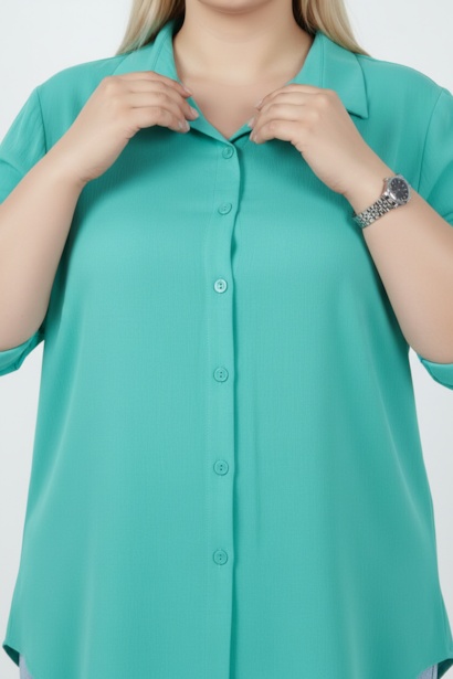 Büyük Beden Kol Katlamalı Gömlek  Mint 4