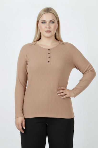 Büyük Beden Önü Ve Yaka Düğmeli Bluz 