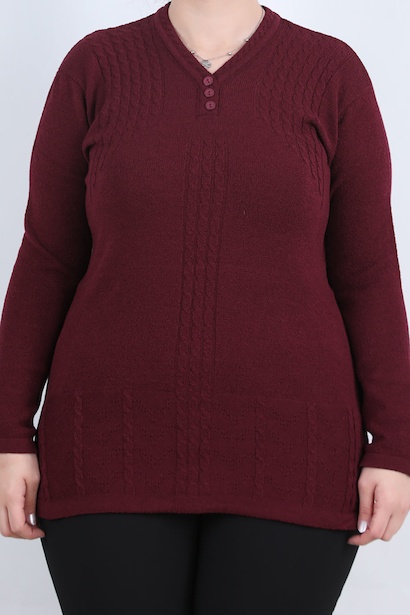 Büyük Beden V Yaka 3 Düğmeli Bluz  Bordo