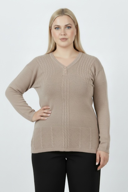 Büyük Beden V Yaka 3 Düğmeli Bluz 