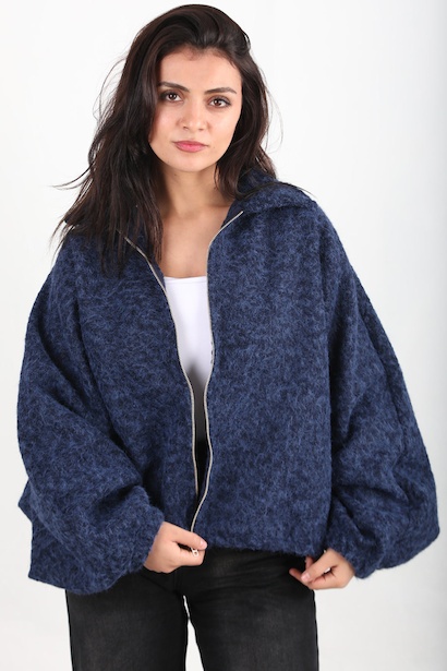 Kadın Sakallı Kaşe Ön Fermuarlı Ceket 