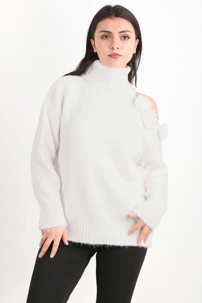 Kadın Omzu Çiçek Detay Triko Kazak 