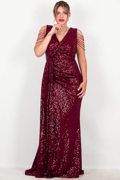 Büyük Beden Omuz Zincir Detay Uzun Pullu Abiye  Bordo 6