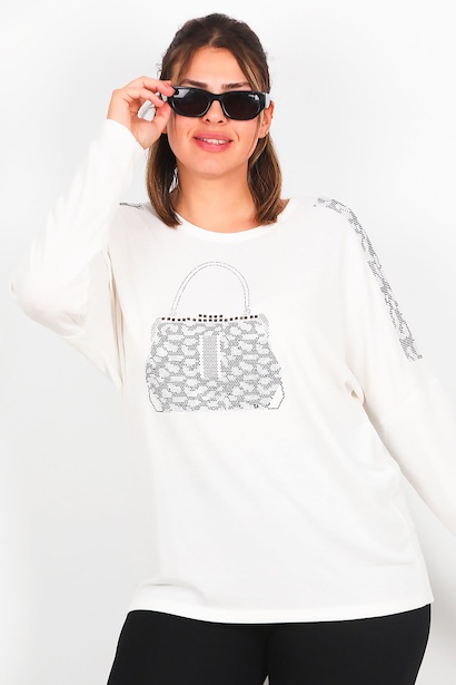 Büyük Beden Ön Çanta Baskılı Uzun Kol Bluz 