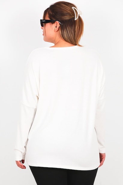 Büyük Beden Ön Çanta Baskılı Uzun Kol Bluz  Ekru 6
