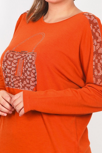 Büyük Beden Ön Çanta Baskılı Uzun Kol Bluz  Kiremit 6
