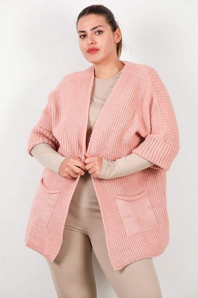 Büyük Beden Cepli Hırka  Pudra