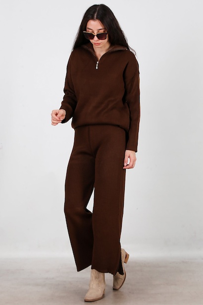 Kadın Fermuar Detay Triko Takım  Kahverengi 6