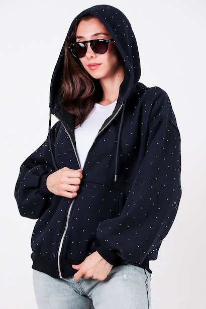 Kadın Taş Detay Kapşonlu Önü Fermuarlı Ceket 