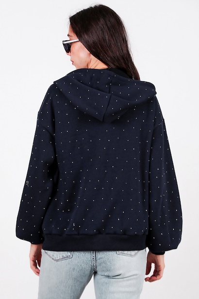 Kadın Taş Detay Kapşonlu Önü Fermuarlı Ceket  Lacivert 6