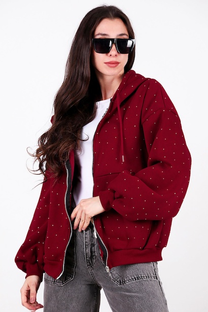 Kadın Taş Detay Kapşonlu Önü Fermuarlı Ceket 