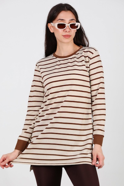 Kadın Yanı Yırtmaçlı Çizgili Tunik 