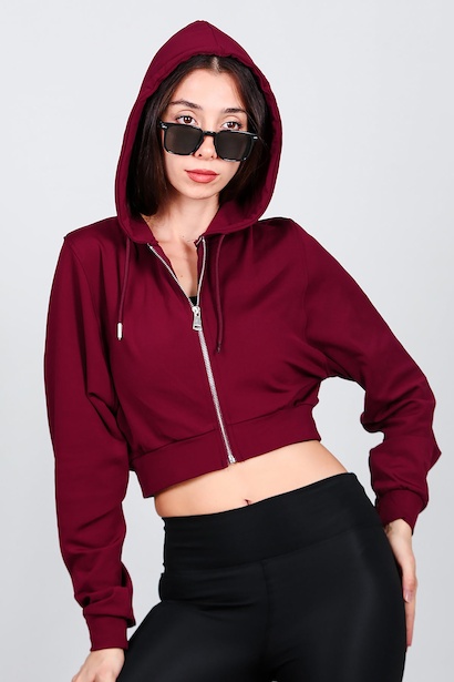 Kadın Kopşonlu Crop Sweat  Bordo 6