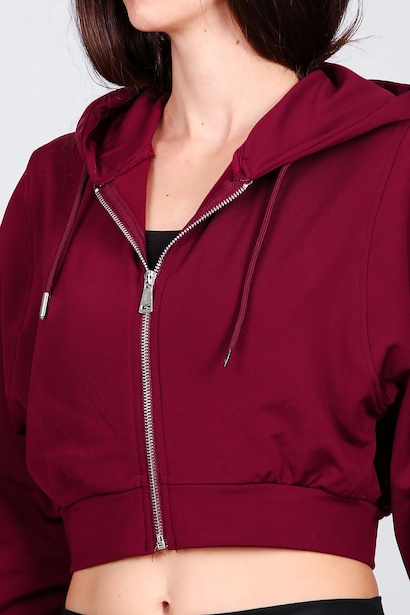Kadın Kopşonlu Crop Sweat  Bordo 9