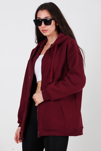 Kadın Kapşonlu Fermuarlı Oversize Üç İplik Sweat 