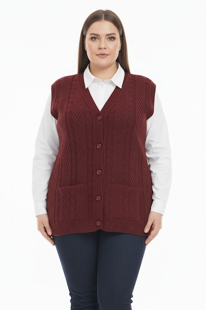 Büyük Beden Örgü Yelek  Bordo