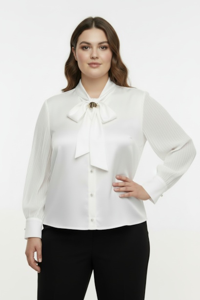 Büyük Beden Fularlı Ön Düğmeli Bluz 