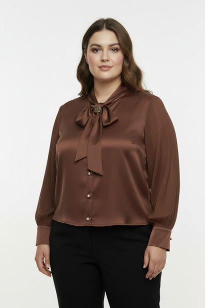 Büyük Beden Fularlı Ön Düğmeli Bluz 