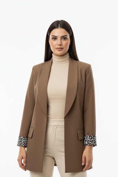 Büyük Beden İçi Leoparlı Blazer Ceket Bej 4