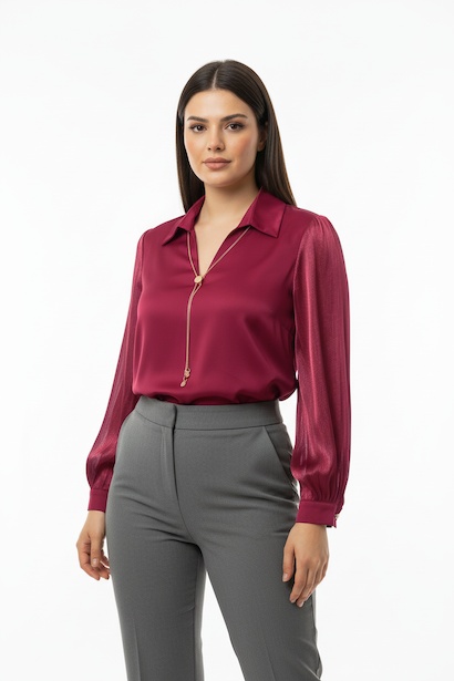 Büyük Beden Önü V Yakalı Bluz  Bordo 4