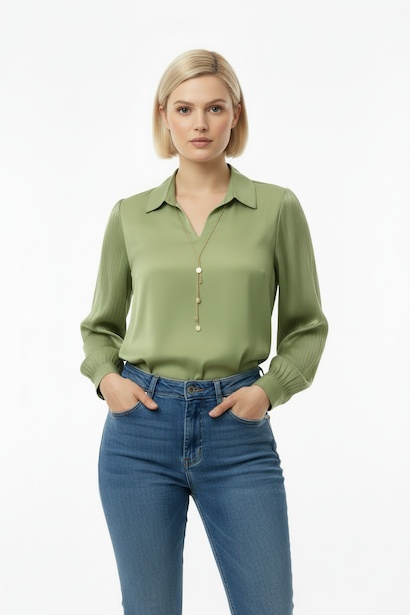Kadın Önü V Yakalı Bluz  Yeşil 4