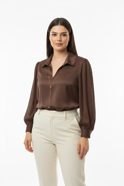 Büyük Beden Önü V Yakalı Bluz  Kahverengi 4