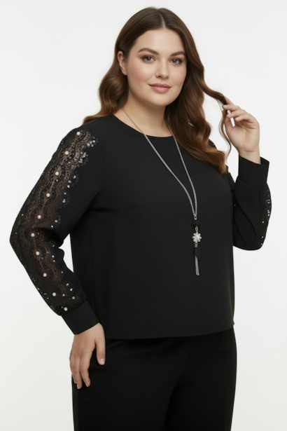 Büyük Beden Kol Dantel Detay Bluz 