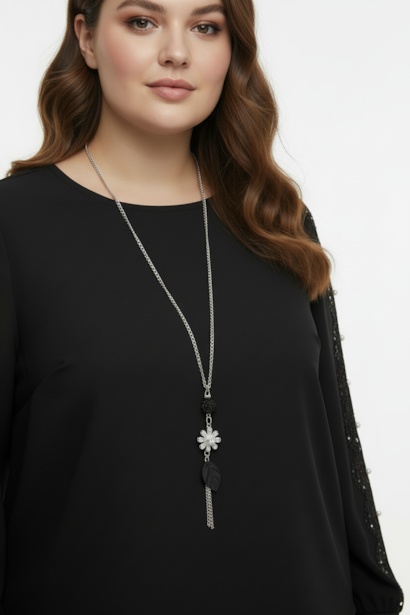 Büyük Beden Kol Dantel Detay Bluz  Siyah 4