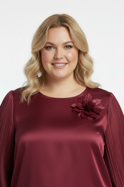 Büyük Beden Yaka Çiçek Bluz  Bordo 4