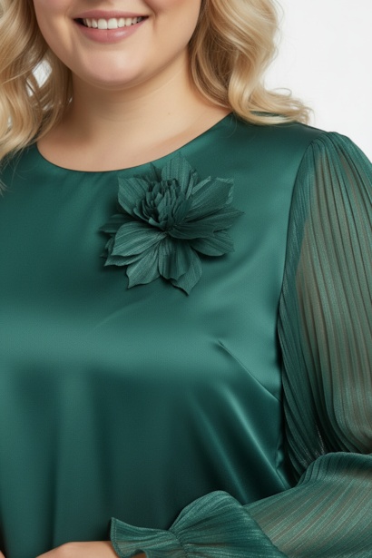 Büyük Beden Yaka Çiçek Bluz  Zümrüt 4
