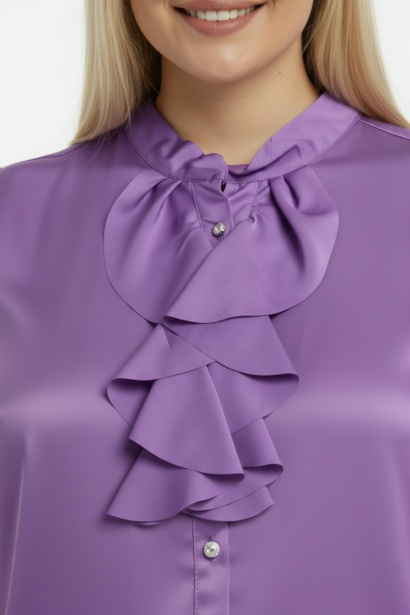 Büyük Beden Ön Düğmeli Fırfır Detay Kolsuz Bluz  Lila 4