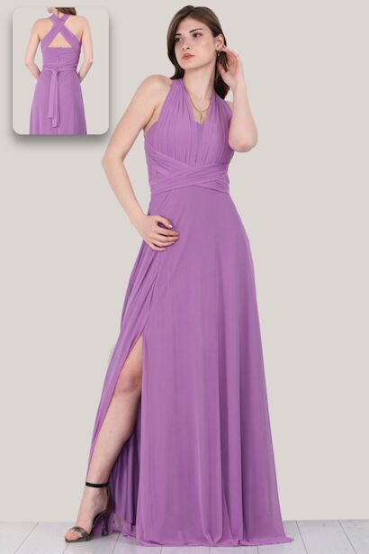 Kadın Boyundan Bağlama Uzun Abiye Lila 6